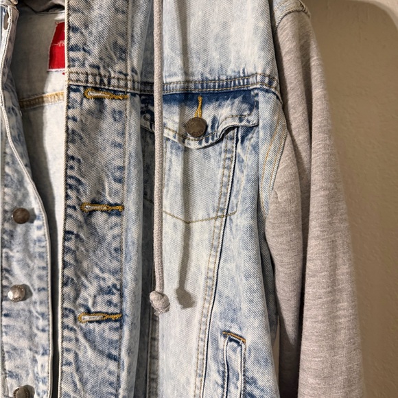 Red Label By Patrol Jeans Size Small Wash Denim Jacket Gray Hood & Sleeves Y2K - Picture 2 of 11